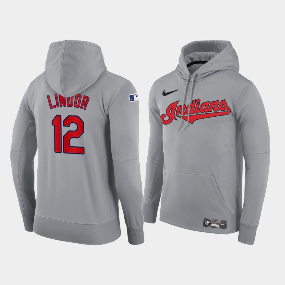 Men Cleveland Indians #12 Lindor gray road hoodie 2021 MLB Nike Jerseys